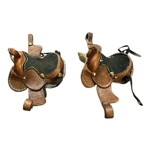 2 Vintage Tooled Western Miniature Horse Leather Cowboy Saddle Wool Doll - Picture 1 of 12