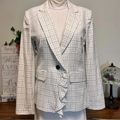 Blazer Joie Villette xadrez de porcelana branco preto e rosa com babado frontal NOVO - Imagem 1 de 4