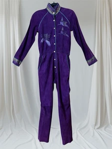 Roberto Cavalli Printed Purple Leather jumpsuit Cranes AOP Italy VTG 70s XS/S - Picture 1 of 24