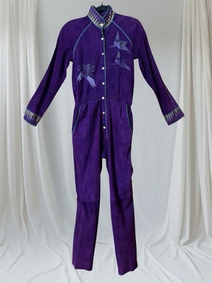 Roberto Cavalli Printed  Purple Leather  jumpsuit Cranes AOP  Italy VTG 70s XS/S - Image 1 of 4