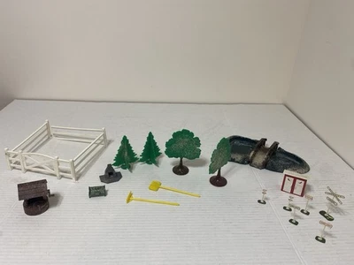 Plasticville Lot Outhouse Well Bridge W Pond Fire Place Street Signs Trees Fence - Image 1 of 4