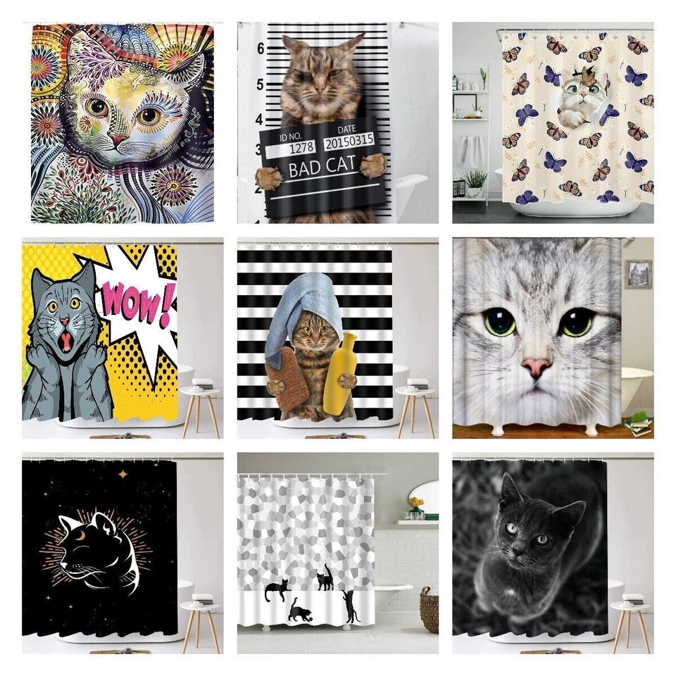 Linda cortina de ducha de tela para gato para baño, decoración de baño de granja de primavera Reino Unido Foto 1 de 4
