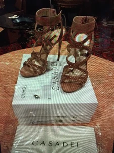 CASADEI QUEEN SUEDE FARD NUDE STRAPPY HEELS SANDALS WITH SWAROVSKI CRYSTALS 8.5 - Picture 1 of 12