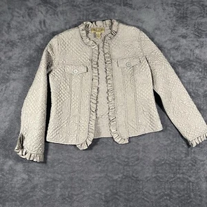 Peck & Peck Weekend SzS Taupe 100% Silk Quilted Jacket Ruffles Classic Luxury - Picture 1 of 13