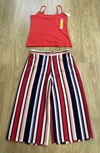 BNWOT SIZE 14 STRIPED 3/4 WIDE LEG CREPE SUMMER TROUSERS & BNWT RED VEST TOP - Picture 1 of 3