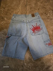 Jnco Jean Shorts Mens Size 34 X34 90s Skate Y2K Embroided Gothic Red Crown - Picture 1 of 18