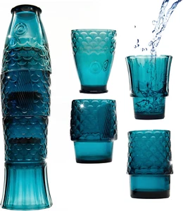 Set of 4 | Handmade Stacking Koi Carp Fish Drinking Glasses | Natural Blue Glass - Picture 1 of 8