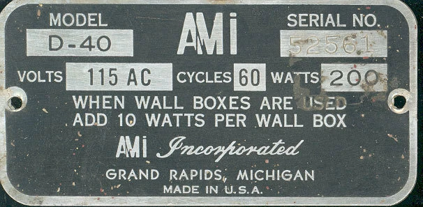 AMI D40 # 52561 serial number identification plate - Image 1 of 1