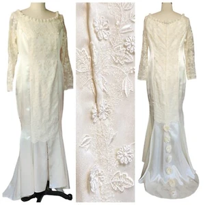 Vtg 1960s Ivory Cream Lace Applique Embroidered Ruffle Slit Wedding Dress M? 10? - Picture 1 of 20