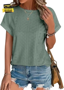Womens Tops 2025 Casual Crew Neck Eyelet Embroidery Summer Blouse Cap Sleeve Loo - Picture 1 of 5