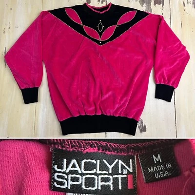 JACLYN SMITH SPORT: Vtg 80s Hot Pink Black Gold Velour Sweatshirt, Womens MEDIUM - Image 1 of 4