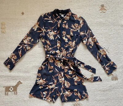 BNWOT H&M 100% Silk DARK BLUE FLORAL PRINT BELTED SHIRT PLAYSUIT ROMPER XS 32 - Image 1 of 4