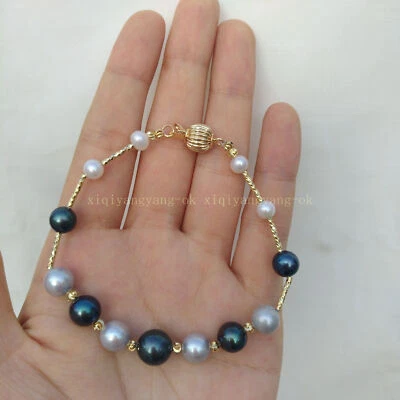 7.5-8" Charming White Black Gray South Sea Natural Pearl Bracelet 14k Gold P - Image 1 of 4