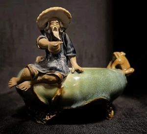 Chinese Mudman & 2 Frogs Green Majolica Bowl Planter Trinket Dish - Picture 1 of 10