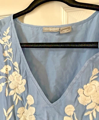 Vestido Lucky Brand Talla L Azul Midi Floral Bordado Volantes en Niveles Campesino Boho Foto 1 de 4