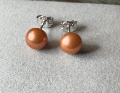 7MM Dyed Cultured Pearl Earrings on 925 Sterling Silver Posts NWOT Coral - Image 1 of 4