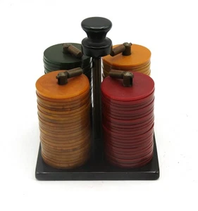 VINTAGE MAH JONG BACHELITE CHIP/TOKEN/MONETE con foro e supporto bachelite caddy - Foto 1 di 7