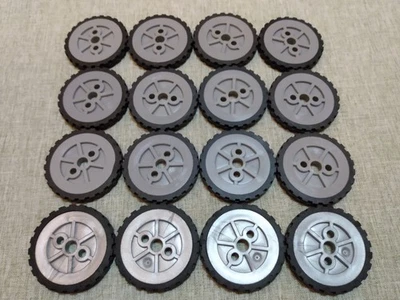 Lote de 16 neumáticos negros pequeños K'NEX 1,75" y 16 ruedas de polea gris bujes piezas KNEX Foto 1 de 2