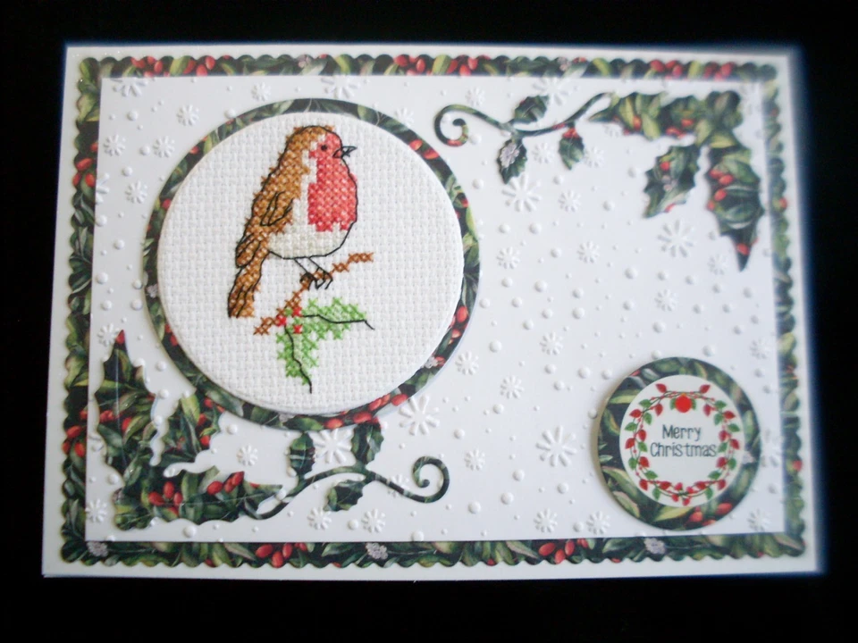HAND MADE COMPLETED  CROSS STITCH CARDS  CHRISTMAS ROBIN - Image 1 of 1