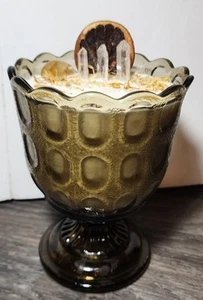 Hand Poured Soy Wax Candle Vintage Green Glass Compote Decorated Apricot Scent - Picture 1 of 8
