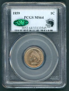 UNITED STATES 1859 INDIAN HEAD SMALL CENT SLABBED PCGS&CAC MS 64 - Picture 1 of 2