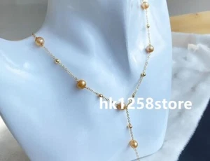 18"  New AAA Golden ROUND 7-8MM South Sea Pearl Necklace Pendant 14k Gold P - Picture 1 of 5