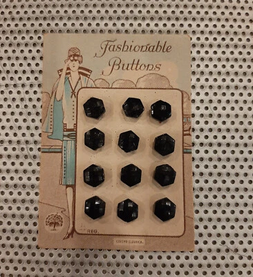 NOS 12 Antique 1930s on Card w/12 buttons Czech Black Jet Glass Hexagonal Shank - Image 1 of 4