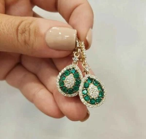 2Ct Lab Created Round Green Emerald Dangle Earrings Solid 14K Yellow Gold Plated - Picture 1 of 4