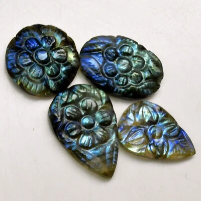4Pcs 71Cts Natural Labradorite Carving Loose Gemstone Lot 29x15 21x14mm #R-13638 - image 1 of 4