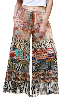 Nwt SACRED THREADS abstract boho hippie rayon wide leg tiered PANTS L Free shipp - Image 1 of 4