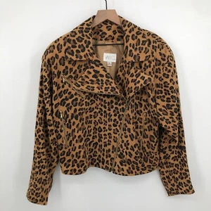 Chaqueta de moto de cuero gamuza con estampado de leopardo Vakko para mujer grande años 80 de colección animal - Imagen 1 de 9