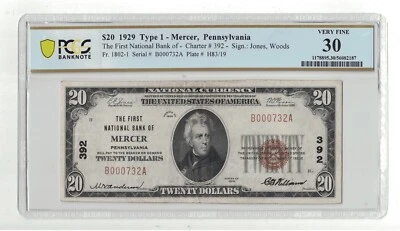 U.S. (Mercer, PA) - Series 1929 $20.00 National Currency Banknote (PCGS VF 30) - Image 1 of 2