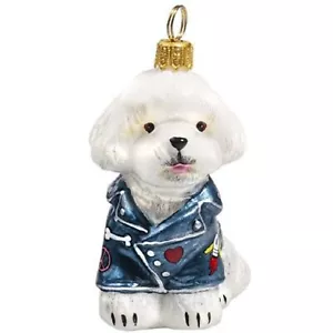 Joy to the World White Bichon Frise in Denim Jacket Polish Glass Tree Ornament - Picture 1 of 2