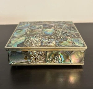 Vintage Abalone Shell Footed Jewelry Trinket Box Alpaca Mexico Hinged Lid - Bild 1 von 11