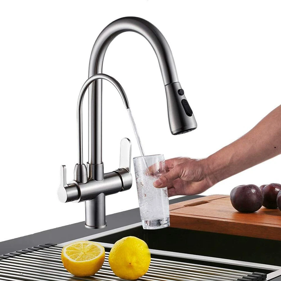 3 Way Kitchen Tap 360° Swivel 3 in 1 Kitchen Sink Tap, 2 Handles Stainless Steel - Image 1 of 4