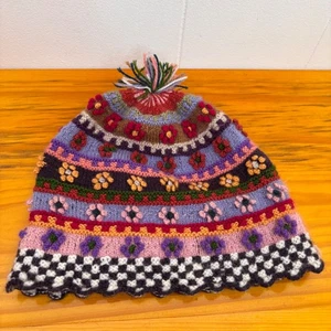 Hand Knit Beanie Hat Colorful Floral Design Girls Cute Youth - Picture 1 of 4