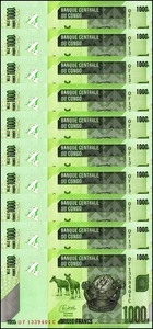 República Democrática del Congo 1000 Francos, 2022, P-101d, UNC X 10 PIEZAS - Imagen 1 de 2