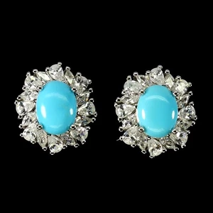 925 Sterling Silver Earrings Oval Turquoise 8x6mm Natural Gemstone Jewelry - Picture 1 of 13