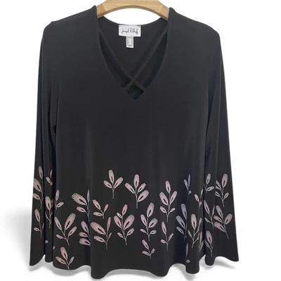 Joseph Ribkoff Top Black Dusky Pink A Line Bell Sleeves Leaf Pattern 18 Women’s - image 1 of 4