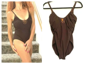BADGLEY MISCHKA BROWN BEADED SEQUIN JEWELED DRAPED 1 PIECE SWIMSUIT SZ 6 - Picture 1 of 11