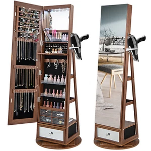 Gabinete de joyería con luz LED giratoria 360° con espejo de longitud completa y estantes de almacenamiento - Imagen 1 de 27