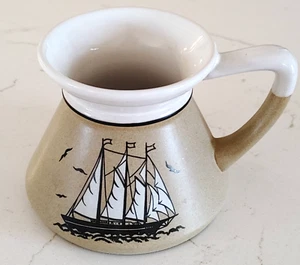 VTG No Spill Mug Sailboat Clipper Stoneware Neutral White Seagulls Travel Boat - Picture 1 of 9