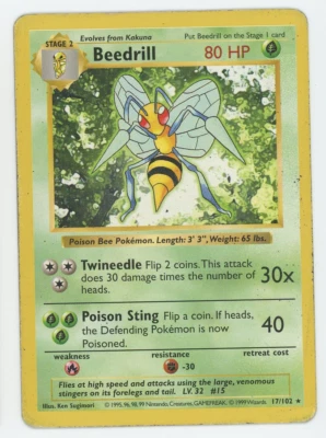 Beedrill 17/102 Shadowless Rare Base Set  Pokemon Card Unlimited Edition1999 - Image 1 of 2