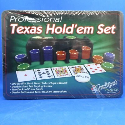 200 Poker Game Texas Hold'em Set Gaming Mat Chips 2 Decks Playing Card With Box - Image 1 of 4