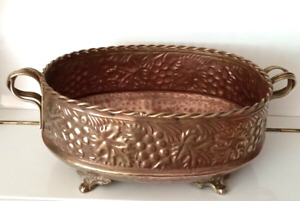 ANTIQUE COPPER & BRASS PLANTER OVAL GRAPE EMBOSSED DETAIL