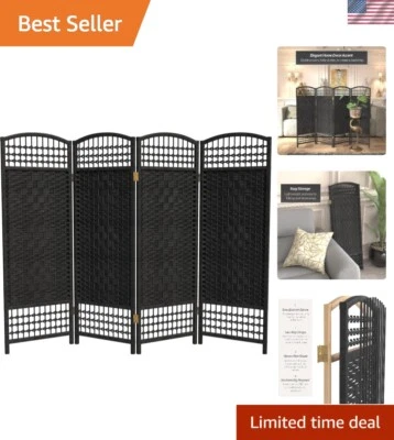 Stylish 4 ft. Black Rattan Folding Screen with 4 Panels - Modern Home Decor - Image 1 of 4