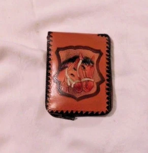 VINTAGE 1950'S COW HIDE LEATHER EMBOSSED PAINTED COWBOY HORSE HEAD ZIPPER WALLET - Picture 1 of 5