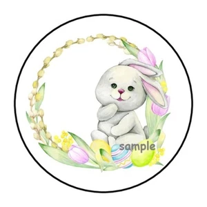 30 CUTE WATERCOLOR EASTER BUNNY ENVELOPE SEALS LABELS STICKERS 1.5" ROUND EGGS - Picture 1 of 1