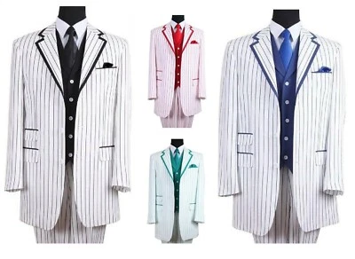 Men's Milano Moda 3 Button Stripes Fashion Suit w/ Solid Vest 5908V - Image 1 of 2