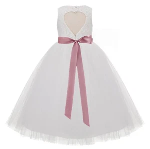 Heart Cutout Floral Lace Flower Girl Dress with Rhinestone Birthday Dresses - Picture 1 of 37